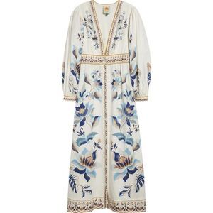 FARM Rio Women's White Blue Mystic Lotus Print Linen Blend Maxi Dress Small NWOT